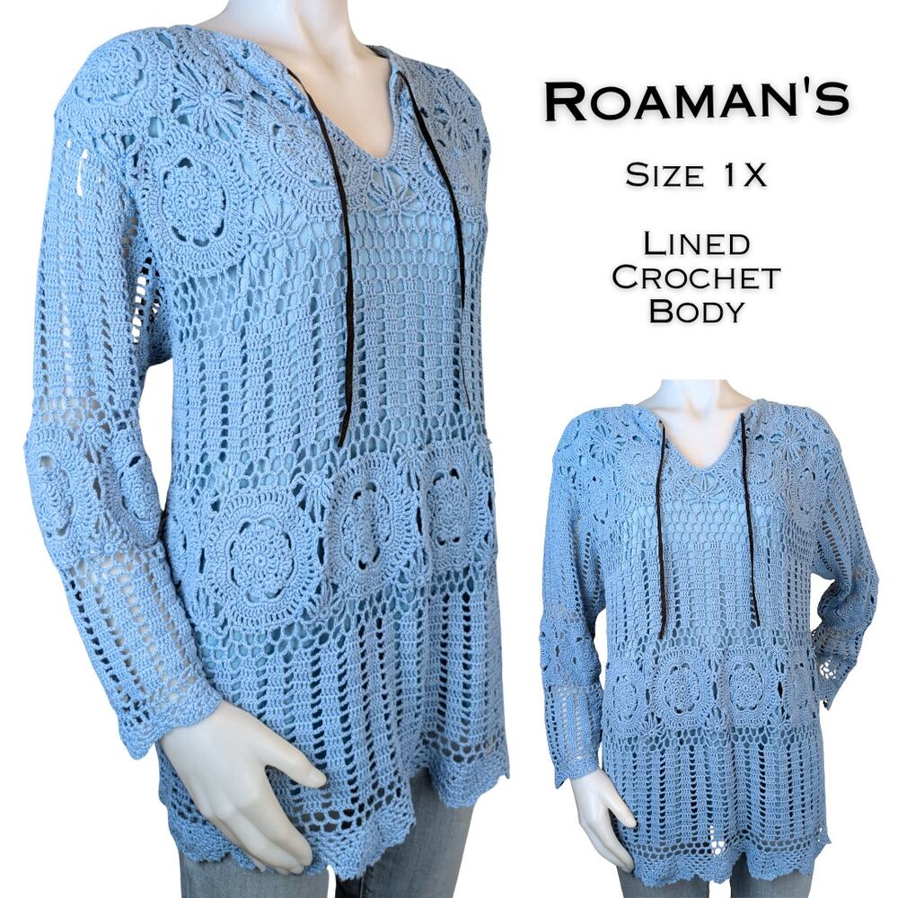 Roaman’s Tunic Top 1X Blue Crochet Boho Festival Coastal Retro Lined Plus Size